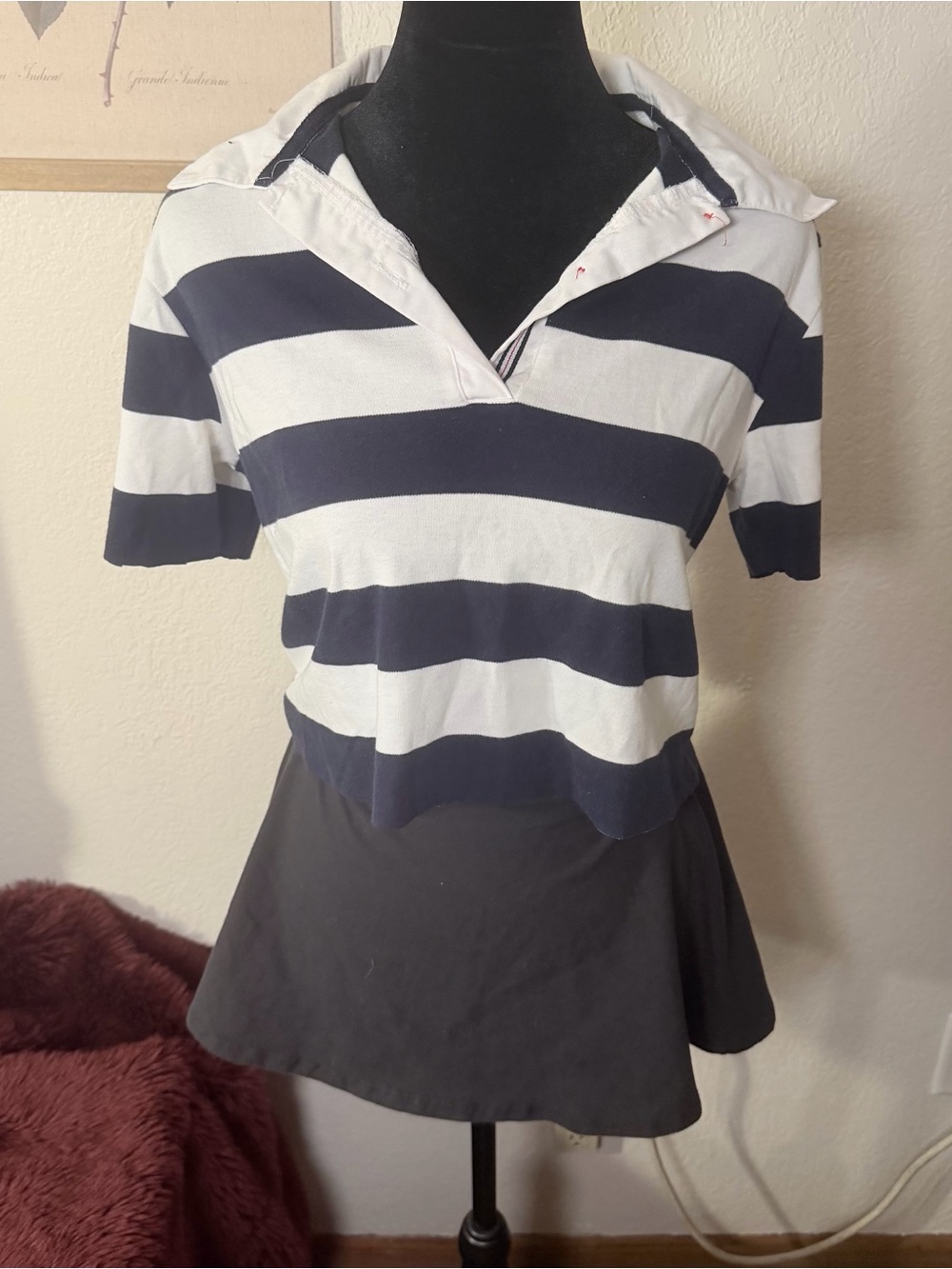 Navy and White Striped Cropped Polo Short Sleeve Top